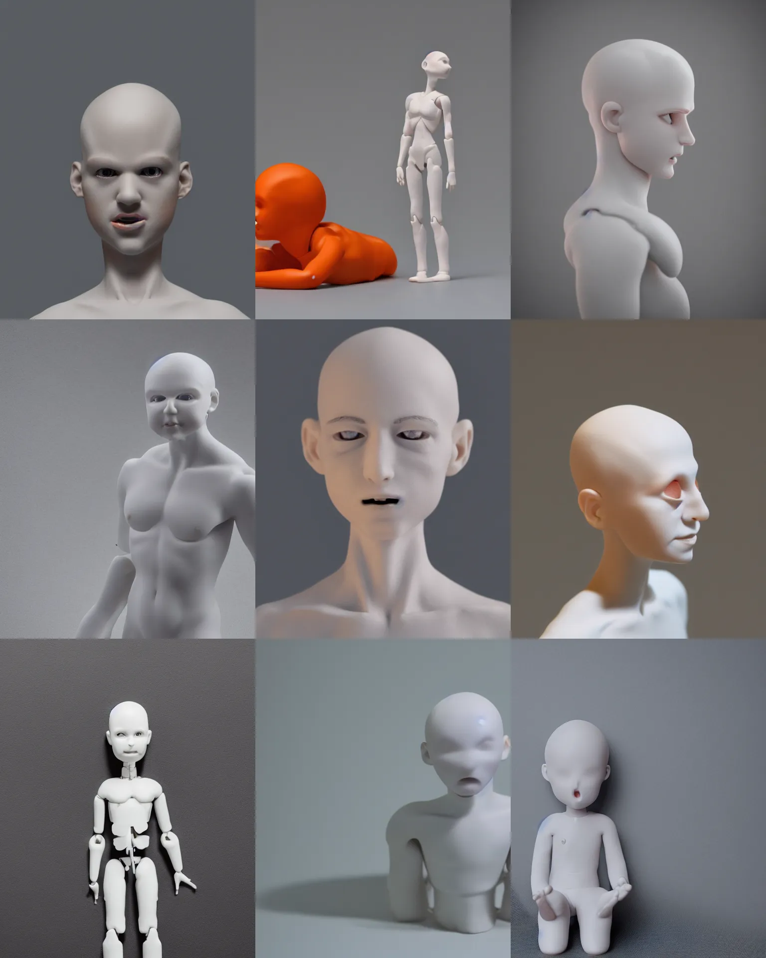 Image similar to a photo of a genderless white toy figurine made from resin, headless, pillhead, pale head, bald, smooth skin, even surface, minimalistic, octane rendering, ambient lighting, orange subsurface scattering