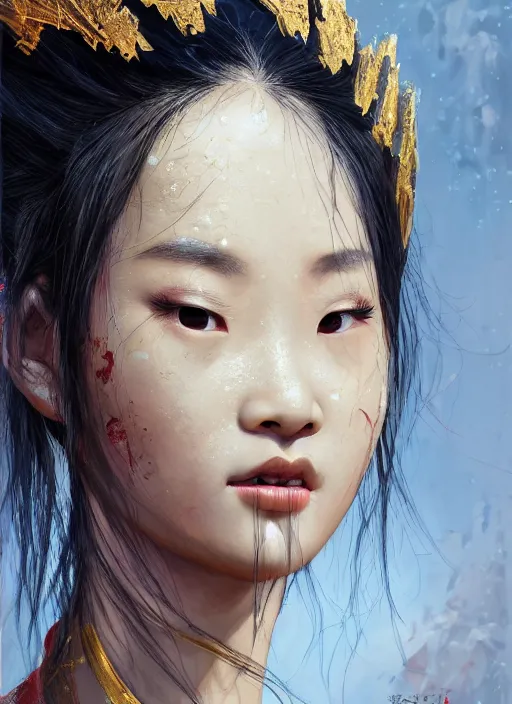 Prompt: realistic detailed painting of Mulan wearing sculpted textured armor, intricate complexity, close-up of the front of the face, super sophisticated texture, resolute expression, by Guweiz, split lighting, 4K resolution, symmetric, clear facial features, golden ratio, Kojima, Amano, Charlie Bowater, Karol Bak, rich deep colors, Unreal Engine 5