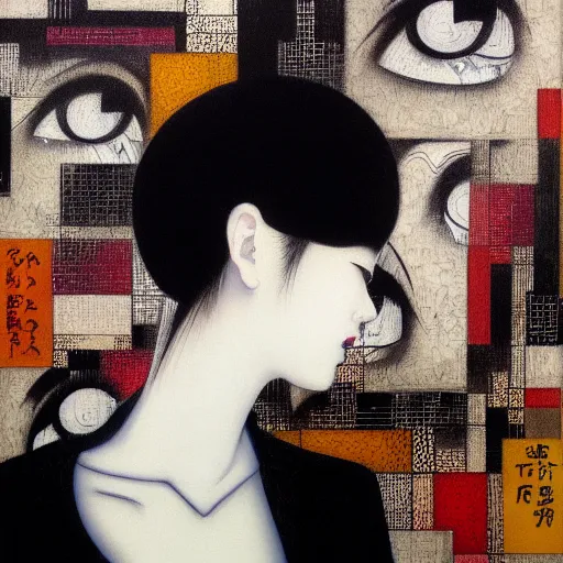 Image similar to yoshitaka amano blurred and dreamy minimalistic oil portrait of a young woman with black lipstick and black eyes wearing dress suit with tie, junji ito abstract patterns in the background, satoshi kon anime, noisy film grain effect, highly detailed, renaissance oil painting, wide brush strokes, weird portrait angle, blurred lost edges