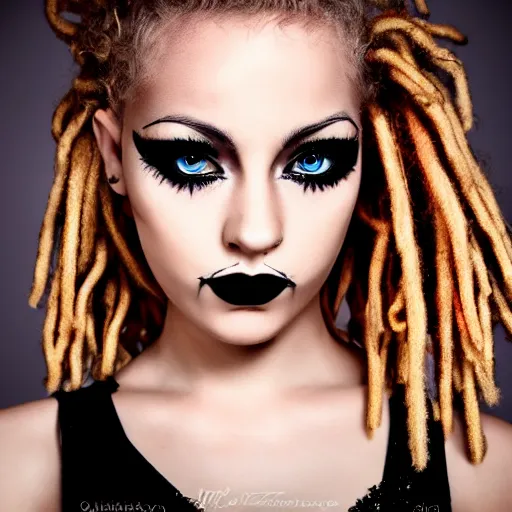 Image similar to modeling headshot photography flawless young beautiful gothic female with blonde and red dreadlocks in a black ballgown, dark, piercing clear eyes, symmetrical golden ration exotic stoic expression, photorealistic, highly detailed, mysterious lighting, smooth, sharp focus, 8 0 mm camera