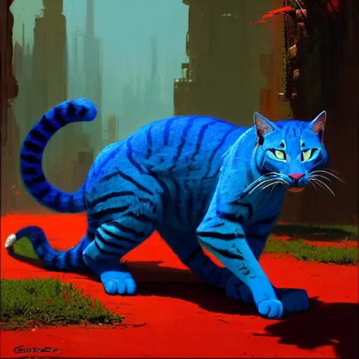 Prompt: a big blue cat caught a red sable. turqoise background. painting by eddie mendoza, greg rutkowski, james gurney