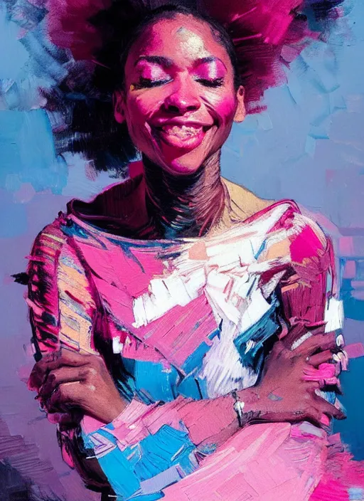 Image similar to portrait of a beautiful black woman, smiling, ecstatic, dancing, eyes closed, open mouth, shades of pink and blue, beautiful face, rule of thirds, intricate outfit, spotlight, by greg rutkowski, by jeremy mann, by francoise nielly, by van gogh, digital painting