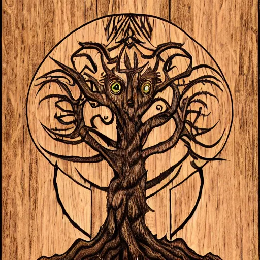 Image similar to tree of demons, demon faces carved out of wood, portal, left side hostile, right side benevolent, symmetrical, tree roots, hyperrealistic, photorealistic, intricate details, cinematic, natural lightning, 3d cg, inlay, extremly detailed, ink drawing