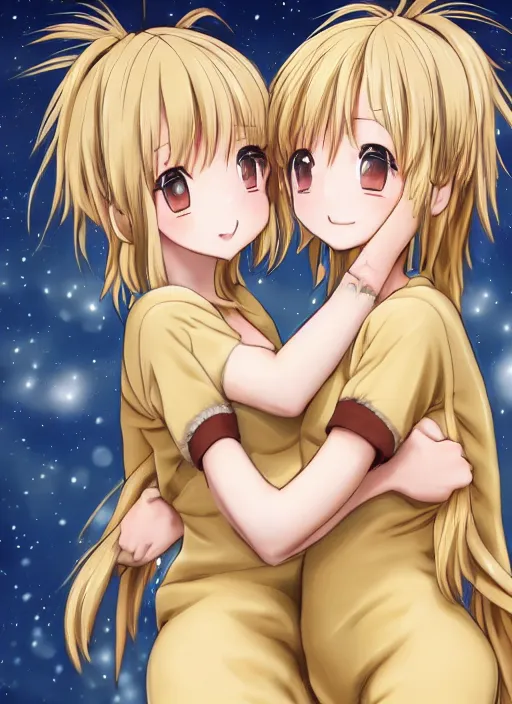 Image similar to highly detailed art of one blonde and one brown haired anime girl in onesies hugging each other looking at us, detailed eyes, happy, excited, digital art, cute, anime, detailed faces, well drawn faces, cute faces, hand drawn, 8 k, trending on artstation, official media