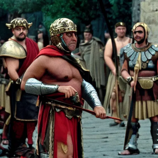 Prompt: danny devito as a roman praetorian in the streets of ancient rome, color film still