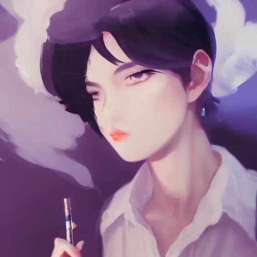 Image similar to black hair woman smoking a cigarette by krenz cushart stu dts yoshiku wlop, white smoke, cinematic lighting, back lit, chromatic aberration, white smoke, trending on ArtStation Pixiv