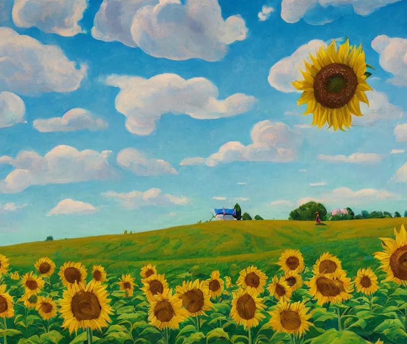 Prompt: a very detailed painting of a sunflower field, baby blue sky with very aesthetic stylized clouds, there is an ad billboard on the field, cows are on the field, an ufo is in the air, the ufo beams up a cow with a green light beam, in the style of edward hopper and kandinsky, very small brushstrokes, 4 k,