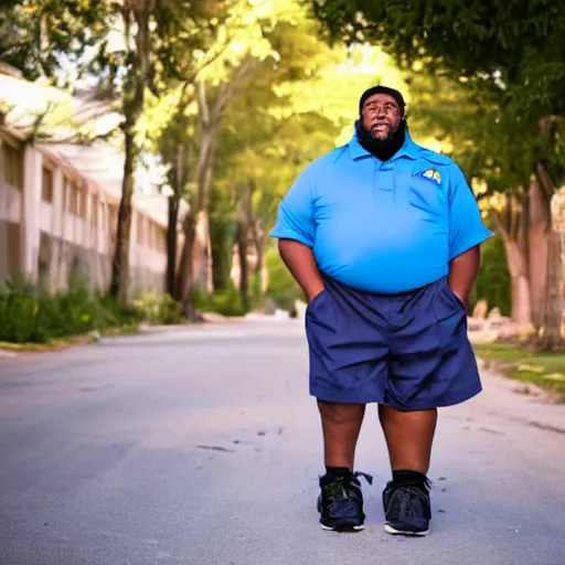 Image similar to overweight african american male school bus driver with dreads, wearing shorts with chubby legs, big moe, symmetric face, photo