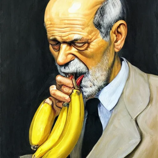 Image similar to “ painting of sigmund freud eating a peeled banana, freudian, by lucian freud ”