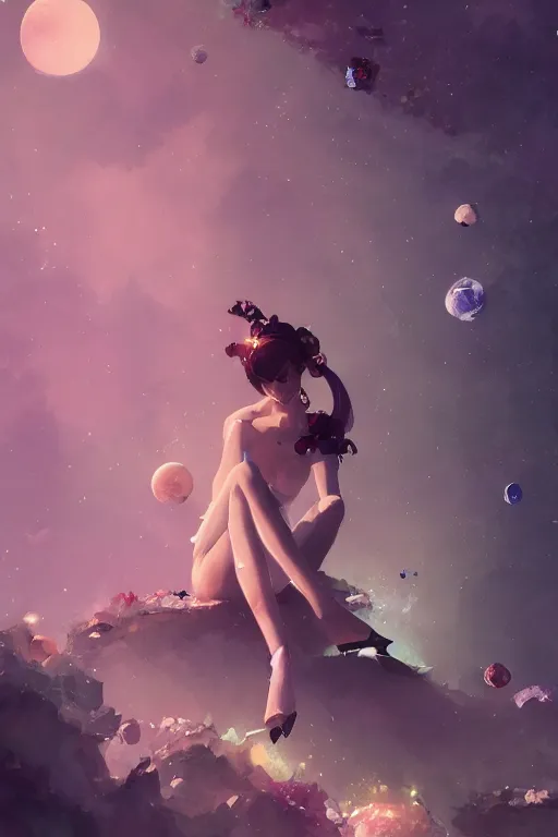 Image similar to A beautiful whimsical woman sitting on a bed of crystals below planets, cinematic lighting, dramatic atmosphere, by Dustin Nguyen, Akihiko Yoshida, Greg Tocchini, Greg Rutkowski, Cliff Chiang, 4k resolution, trending on artstation