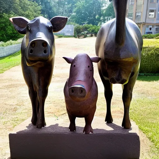 Prompt: statue of a pig, a cow, a horse and a chicken