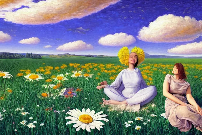 Image similar to giant daisy flower head, woman sitting, surreal, clouds in sky, impressionist painting, digital painting, artstation, rob gonsalves