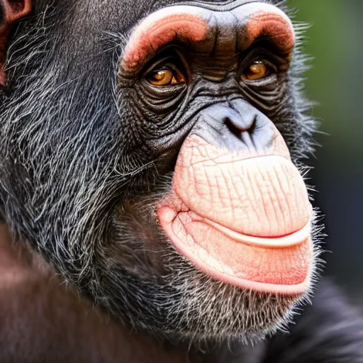 Image similar to a high detail closeup shot of a chimp wearing a suit and smoking a cigar