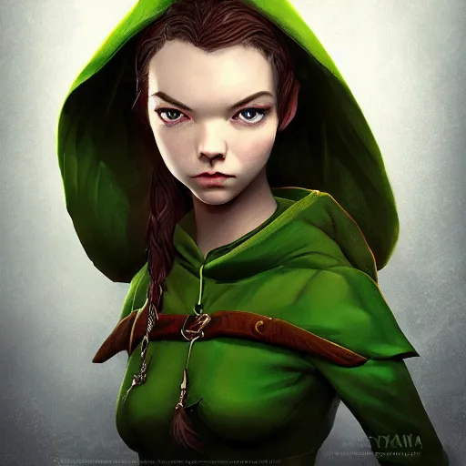 Image similar to Portrait of Anya Taylor-Joy as an elf ranger, pale green hooded cloak, lord of the rings, mattepainting concept Blizzard pixar maya engine on stylized background splash comics global illumination lighting artstation lois van baarle, ilya kuvshinov, rossdraws