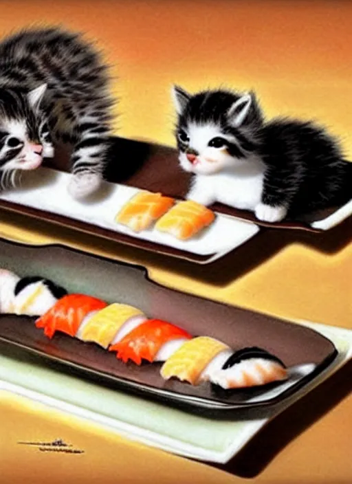 Image similar to clear photorealistic picture of adorable kittens made out of sushi