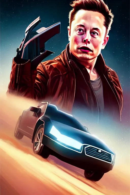 Image similar to elon musk as marty mcfly near cybertruck, realistic portrait, symmetrical, highly detailed, digital painting, artstation, concept art, smooth, sharp focus, illustration, cinematic lighting, art by artgerm and greg rutkowski and alphonse mucha