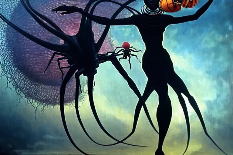 Image similar to realistic detailed portrait movie shot of a beautiful black woman dancing with a giant spider, futuristic sci fi landscape background by denis villeneuve, jean deville, yves tanguy, ernst haeckel, alphonse mucha, max ernst, caravaggio, roger dean, sci fi necklace, fashion, masterpiece, rich moody colours