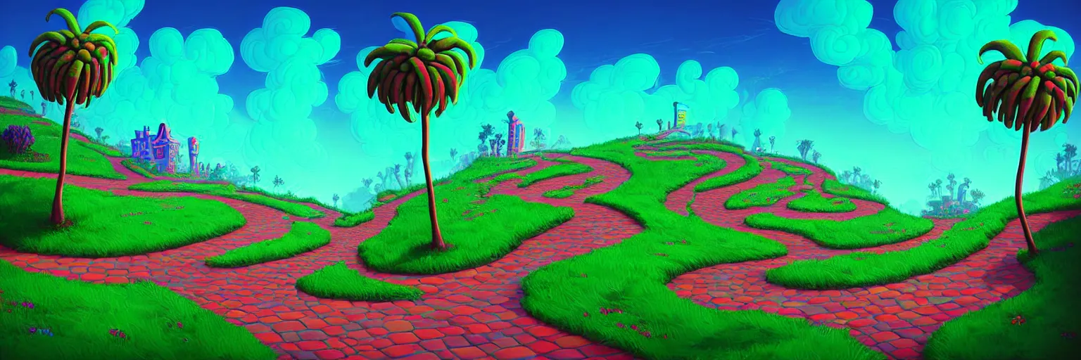 Image similar to curled perspective digital art of curly clouds cobblestone street with wildflowers to a casino in top of a hill with curly palmtrees by anton fadeev from nightmare before christmas