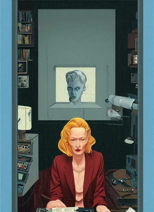 Prompt: Twin Peaks poster artwork by Michael Whelan, Bob Larkin and Tomer Hanuka, Karol Bak of portrait of radio host Tilda Swinton hanging out in her studio radio sound booth, from scene from Twin Peaks, simple illustration, domestic, nostalgic, from scene from Twin Peaks, clean, cover of New Yorker magazine, 1980s book cover, 1990s