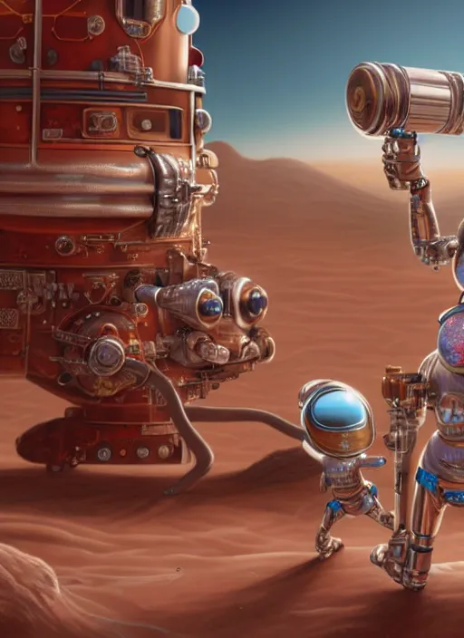 Image similar to highly detailed closeup, portrait of a tin toy bikini spacegirl in a spaceship on mars, unreal engine, nicoletta ceccoli, mark ryden, earl norem, lostfish, global illumination, detailed and intricate environment