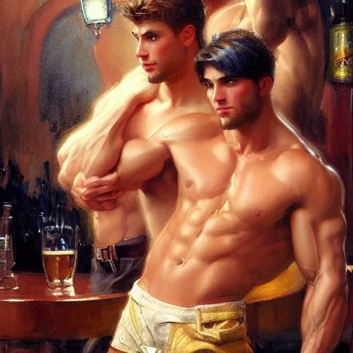 Image similar to attractive muscular male with brunet hair and attractive muscular male with blond hair. pants and shorts, drinking their hearts out, in a pub, close shot, very defined and detailed painting by gaston bussiere, j. c. leyendecker, craig mullins 8 k