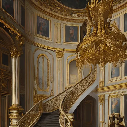 Prompt: interior of versailles mansion with marble floor and large staircase, matte painting by sylvain surrailh, greg rutkowski, artstation