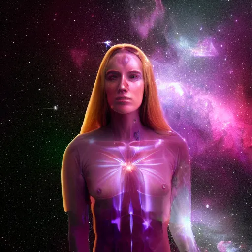 Image similar to transparent interdimensional woman made of nebula in space with hubble background, vray, 5 5 mm