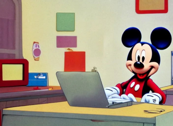 Prompt: disney animated still of mickey mouse sitting at a computer stressed about work from the animated movie, 4 k
