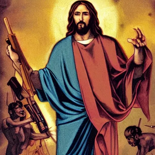 Image similar to jesus with guns killing demons