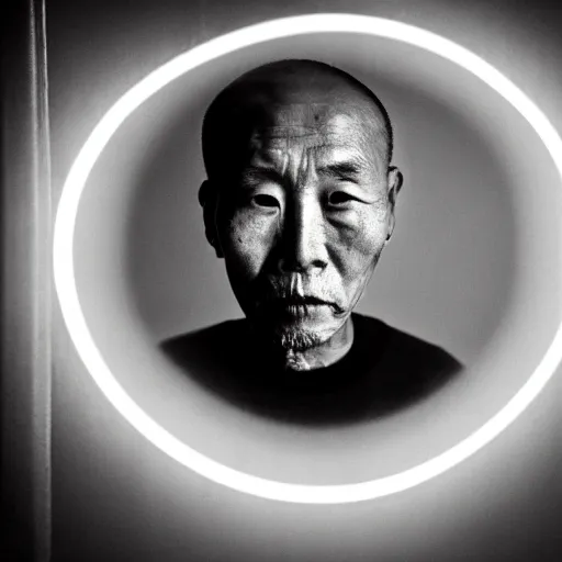 Image similar to a portrait of octogenarian prisoner justin sun with face tattoo of qrcode in prison looking through the laser of his cell, by annie leibovitz, shallow depth of field, cinematic lighting