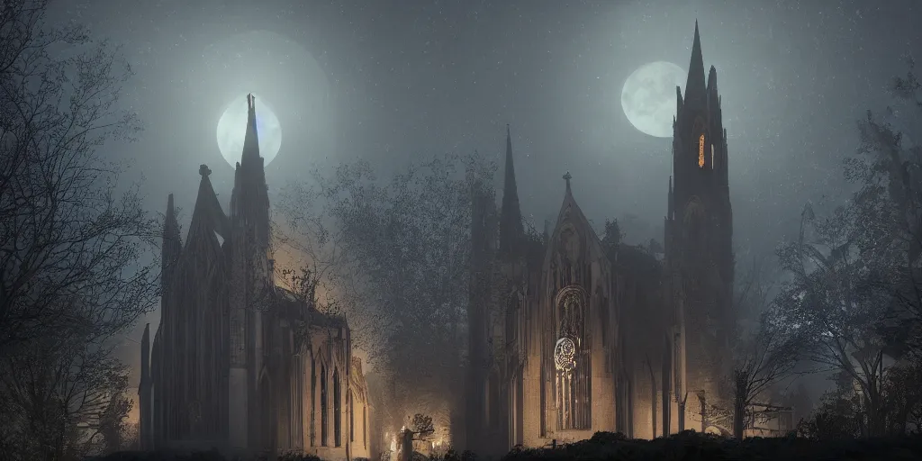 Image similar to Behind the tall and delicate gothic church at night, a huge delicate metal astrolabe in the moonlight, with ghosts floating in the foreground, light through the mist, dramatic lighting, photorealistic, cinematic lighting, high detail, cinematic feel, high octane, 4K, Unreal Engine, digital render, intricate, ultra realistic