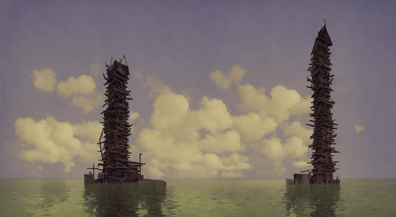 Image similar to single flooded simple wooden tower, very coherent and colorful high contrast!! masterpiece by rene magritte simon stalenhag carl spitzweg syd mead norman rockwell edward hopper james gilleard, surrealism!, minimalist, dark shadows, sunny day, hard lighting