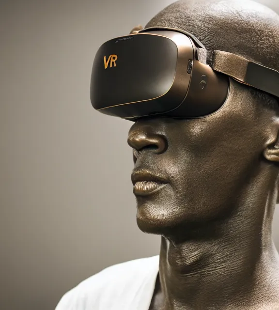 Prompt: a 4 k photorealistic photo medium shot of a bronze statue of a man wearing a vr headset on his head.