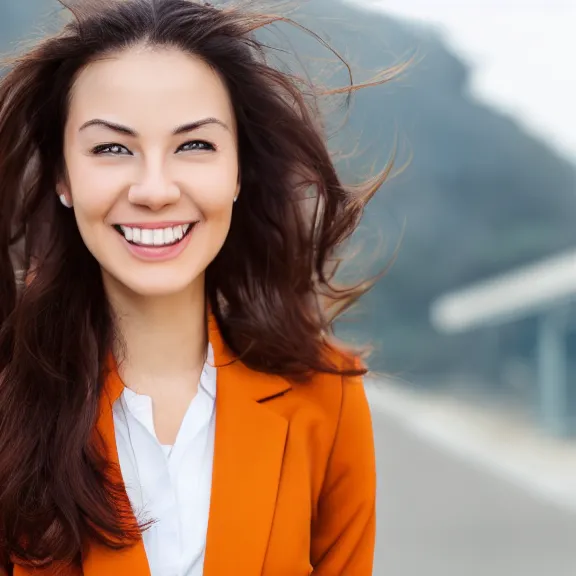 Image similar to portrait of 2 5 - year - old business woman with angle 1 0 0 ° centred looking away breading fresh air, strong spirit and look happy, background soft blue gradian