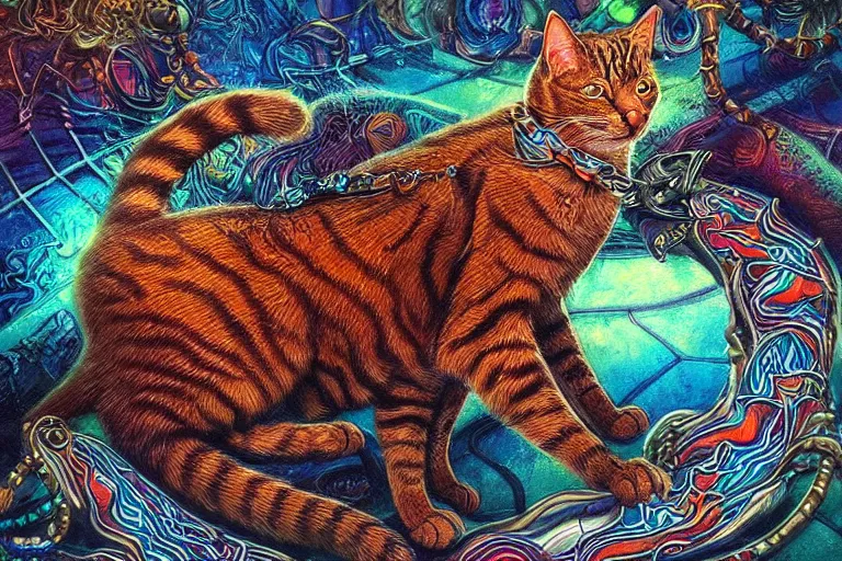 Image similar to psychedelic cat with trinket necklace, epic angle and pose, reflective pool, symmetrical artwork, ayahuasca, translucent, fungus, energy flows of water and fire, highly detailed, epic cinematic concept art, excellent composition, dystopian brutalist atmosphere, dynamic dramatic lighting, aesthetic, very inspirational, arthouse, Greg Rutkowski, Artgerm
