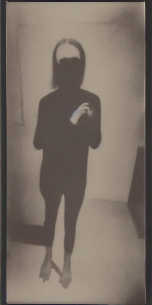 Image similar to found polaroid photo of a pale creepy cryptid in a musty basement with very long fingers