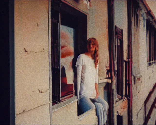 Image similar to lomo photo of pair standing on small hrushevka balcony full with cigarette smoke in small russian town looking at sunset, cinestill, bokeh