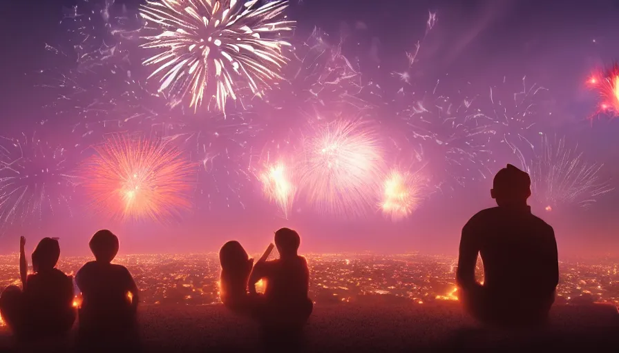 Image similar to people sitting on a hill watching fireworks above los angeles, hyperdetailed, artstation, cgsociety, 8 k