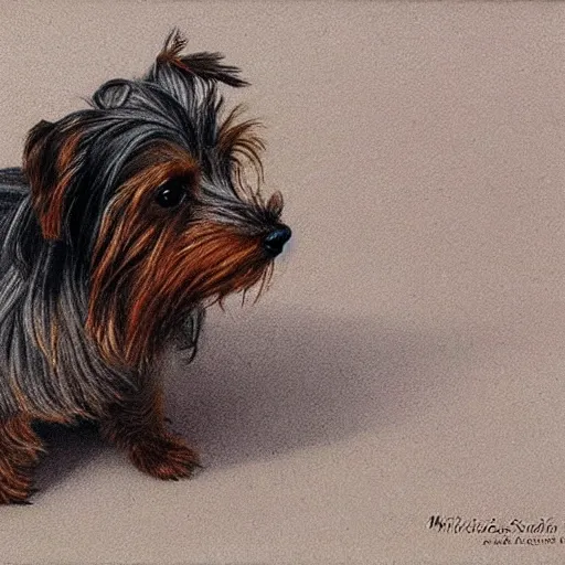 Image similar to brown and gray Yorkshire terrier dog, extremely detailed masterpiece, illustration, by Michael Sowa,