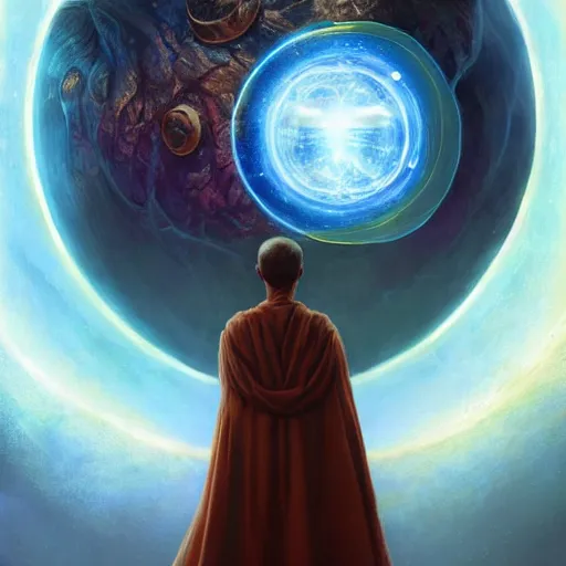 Image similar to the creator of worlds wearing a cloak and holding a holographic planet projection in his hand, detailed, sci - fi, digital painting, artstation, sharp focus, illustration, ominous, artgerm, tomasz alen kopera, peter mohrbacher, donato giancola, joseph christian leyendecker, wlop, frank frazetta