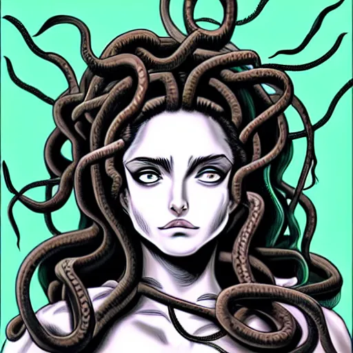 Prompt: rounded frame of head of medusa from greek mythology wearing snakes in place of hair, in berserk manga, angelina jolie face smiling seductive expression, big snakes heads with open mouth, manga drawing, by kentaro miura