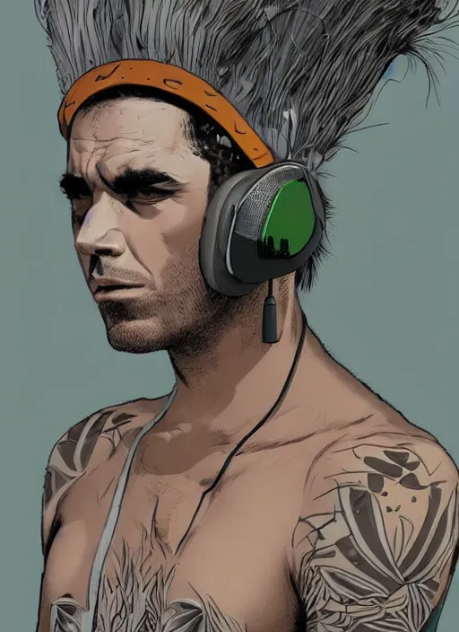 Prompt: portrait of a man with gray and green mohawk wearing a gray headset and brown tank top, gray and green mohawk, gray headset, brown tank top. art by oliver bonhomme, oliver bonhomme artwork. portrait.