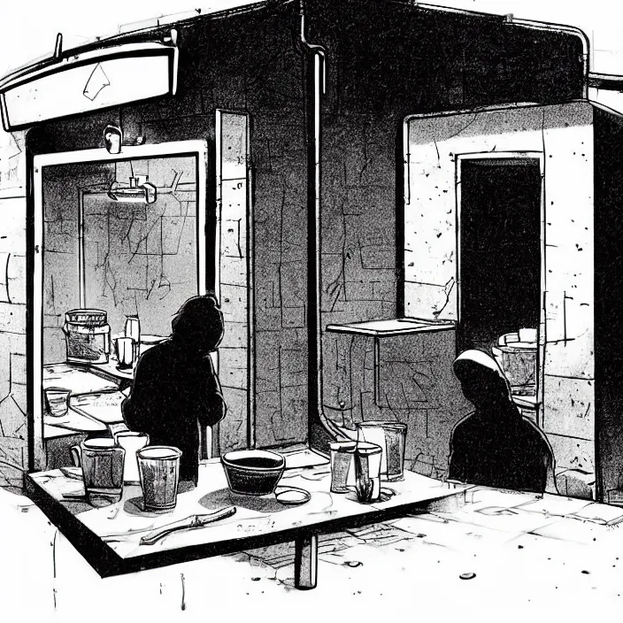 Image similar to close - up on poor quality food, water, and gruel : on a table. background : empty minimalist interior of a dirty automated kiosk, black tiles on walls. black and white, pencil and ink. by gabriel hardman, joe alves, chris bonura. cinematic atmosphere, detailed and intricate, perfect anatomy