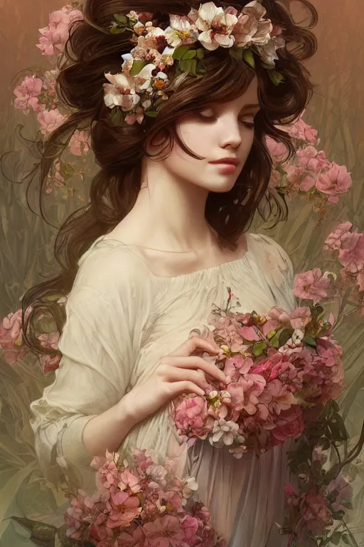 Image similar to beautiful maiden wearing a floral headband, intricate, elegant, highly detailed, digital painting, artstation, concept art, smooth, sharp focus, illustration, art by artgerm and greg rutkowski and alphonse mucha