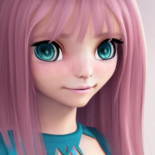 Image similar to Render of Nikki from Shining Nikki Dress-Up Game, a cute 3D young woman, long light pink hair, full bangs, full round face, hazel amber eyes, pale skin, cute freckles, light blush, Chinese heritage, smiling softly, wearing casual clothing, interior lighting, cozy living room background, medium shot, mid-shot, hyperdetailed, trending on Artstation, Unreal Engine 4k