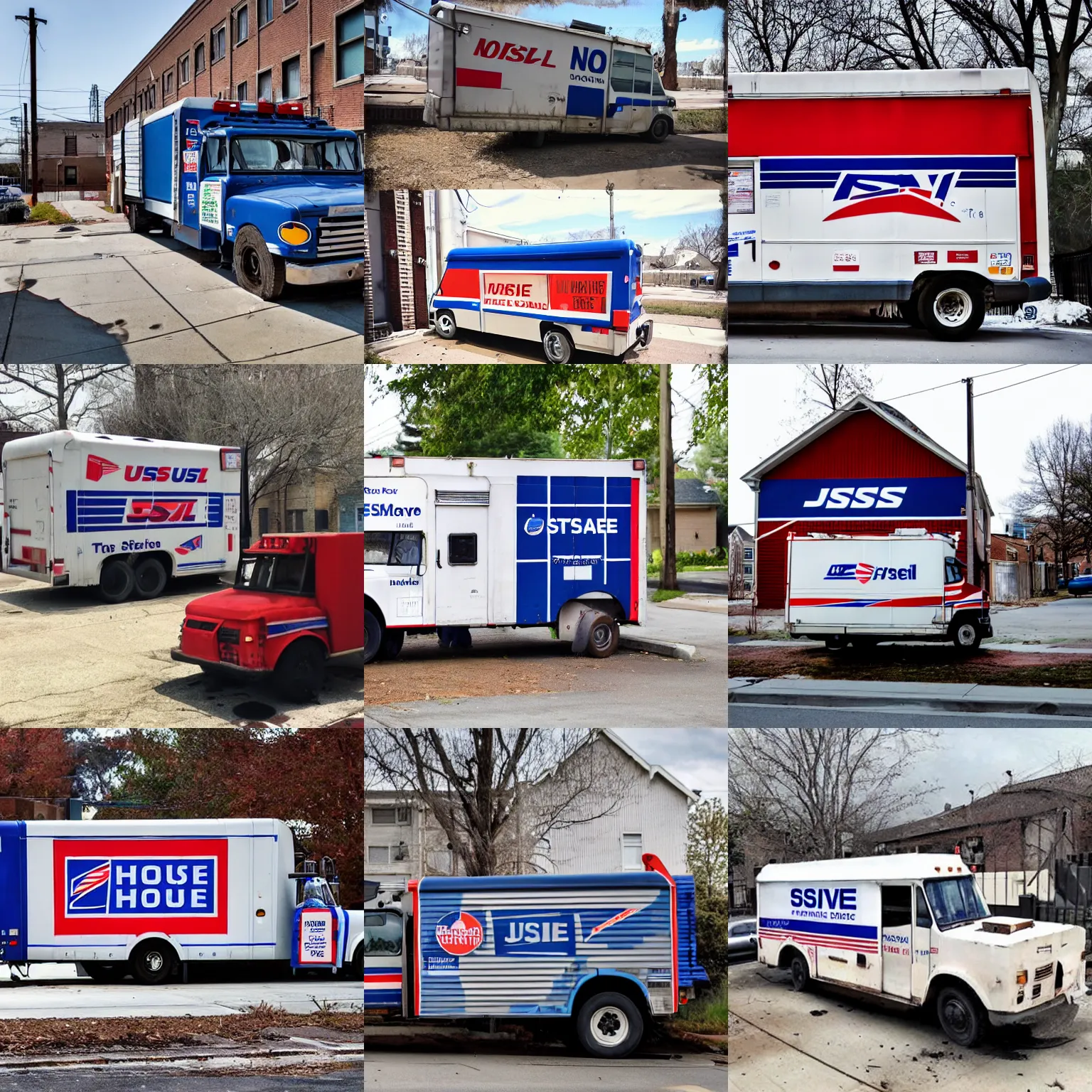 Prompt: usps mail-truck house in an urban dystopian neighborhood