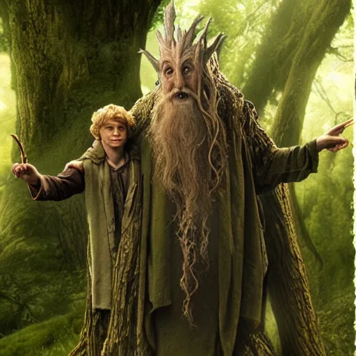 Prompt: matte painting of Treebeard holding Merry and Pippin form the Lord of the Rings
