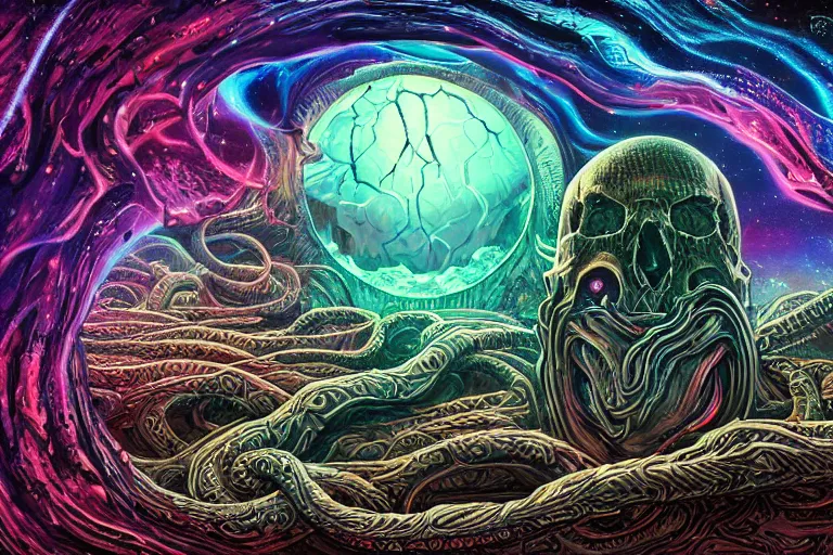 Prompt: a giant skull and flesh creature with deep and intricate rune carvings and glowing eyes and twisting lovecraftian tentacles emerging from a space nebula by dan mumford, twirling smoke trail, a twisting vortex of dying galaxies, digital art, photorealistic, vivid colors, highly detailed, intricate