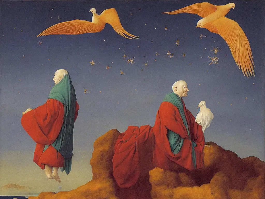Prompt: albino mystic, with his back turned, looking in the distance at the night sky with stars over the ocean with beautiful exotic bird. Painting by Jan van Eyck, Audubon, Rene Magritte, Agnes Pelton, Max Ernst, Walton Ford