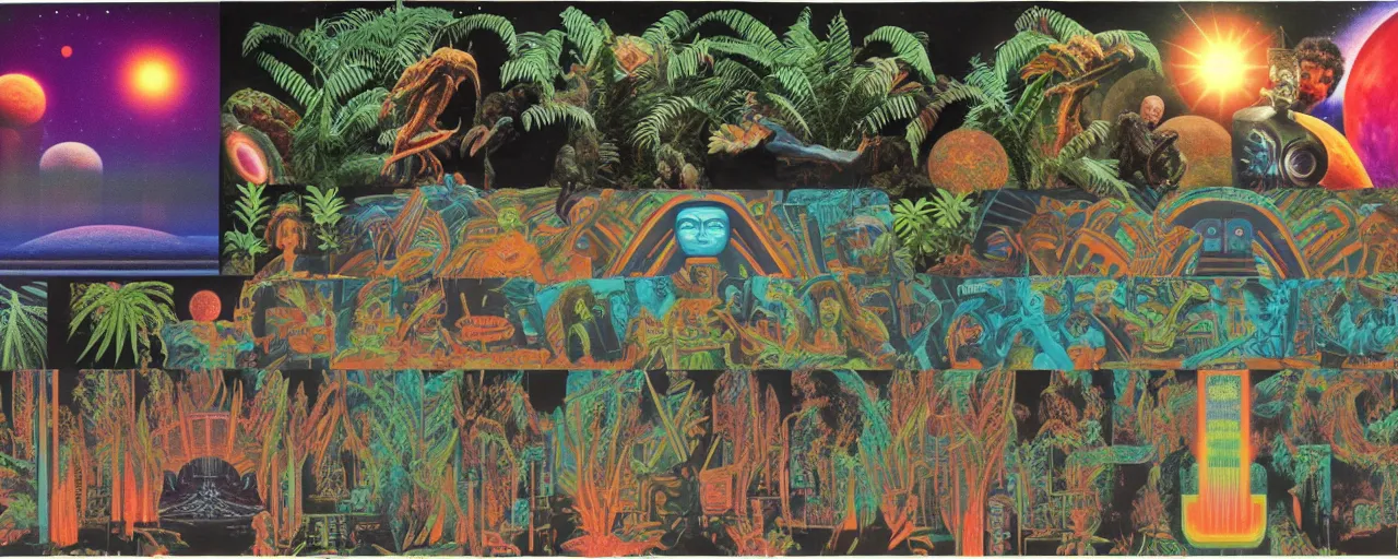 Image similar to 1978 cut out collage, science fiction movie set, neon aztec, break of dawn on Jupiter, epic theater , tropical ambience, ancient fern, electro schematics, film noir, in part by Alex Grey, part by Hale Woodruff